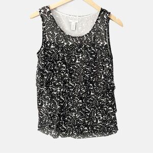 J.Crew 100% Silk Layered Tank Blouse Black White Floral Sleeveless Size 2